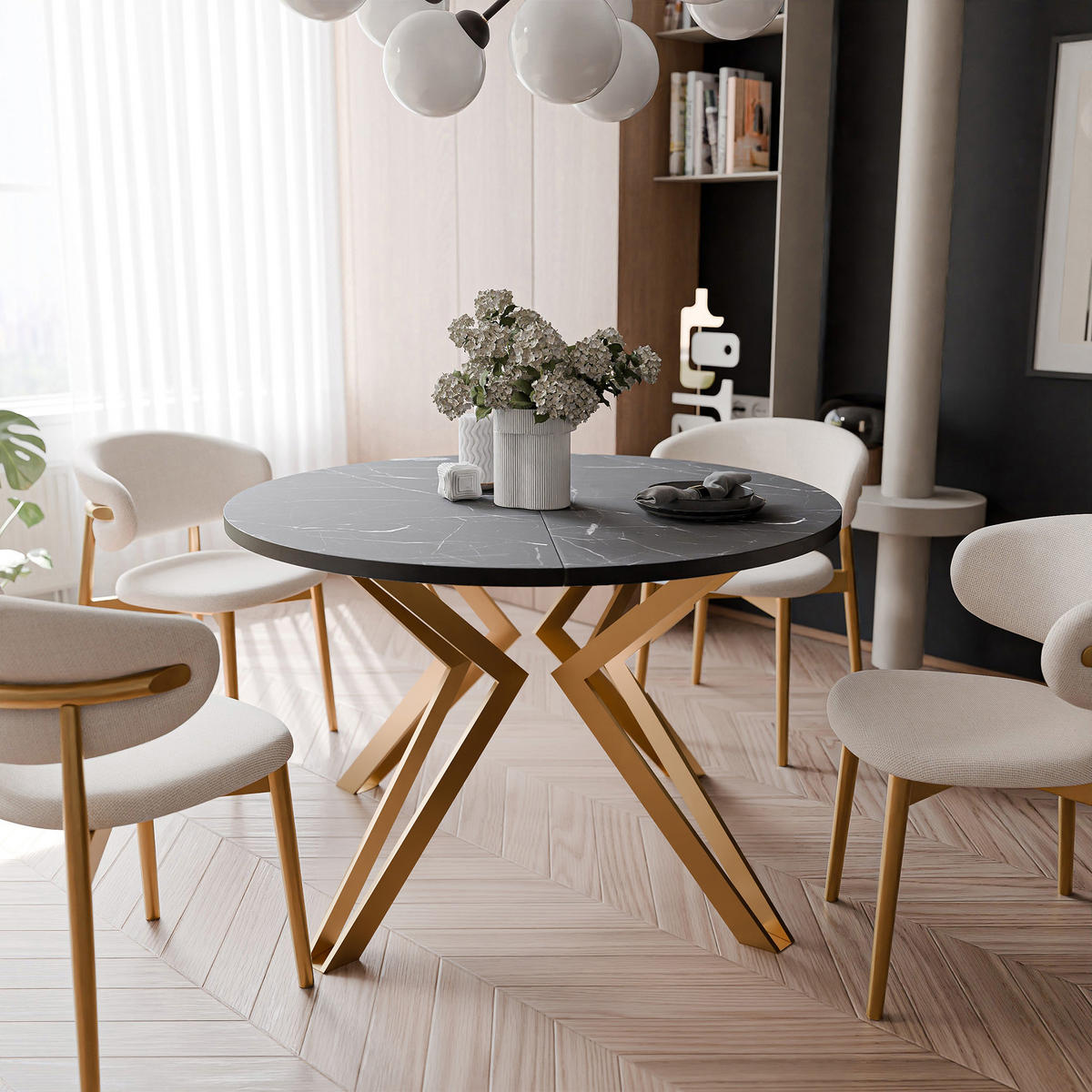 ESSTISCH ausziehbar aus MDF, Schwarz - Goldfarben/Schwarz, Holzwerkstoff (120/120/76cm) - Idohome
