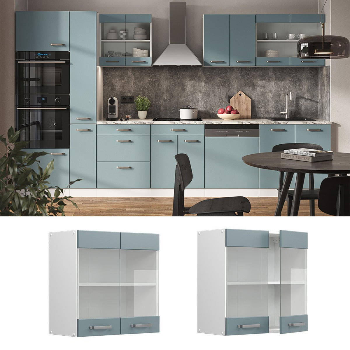 KÖKSGLASSKÅP R-Line Blågrå 60 cm - Vit/Blågrå, Träbaserade material (60/60/31cm) - Vicco