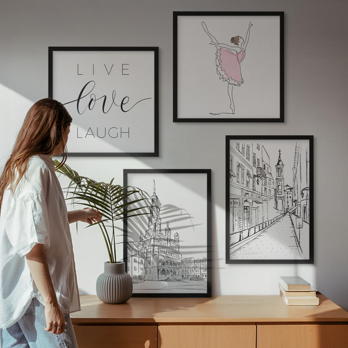 WANDBILDER 4er-Set - 50x50 cm & 40x60 cm Schwarzer Rahmen - Stilvolle Grafik, Ballerina-Architektur - Schwarz, Kunststoff (50/50cm) - ArtPrintCave