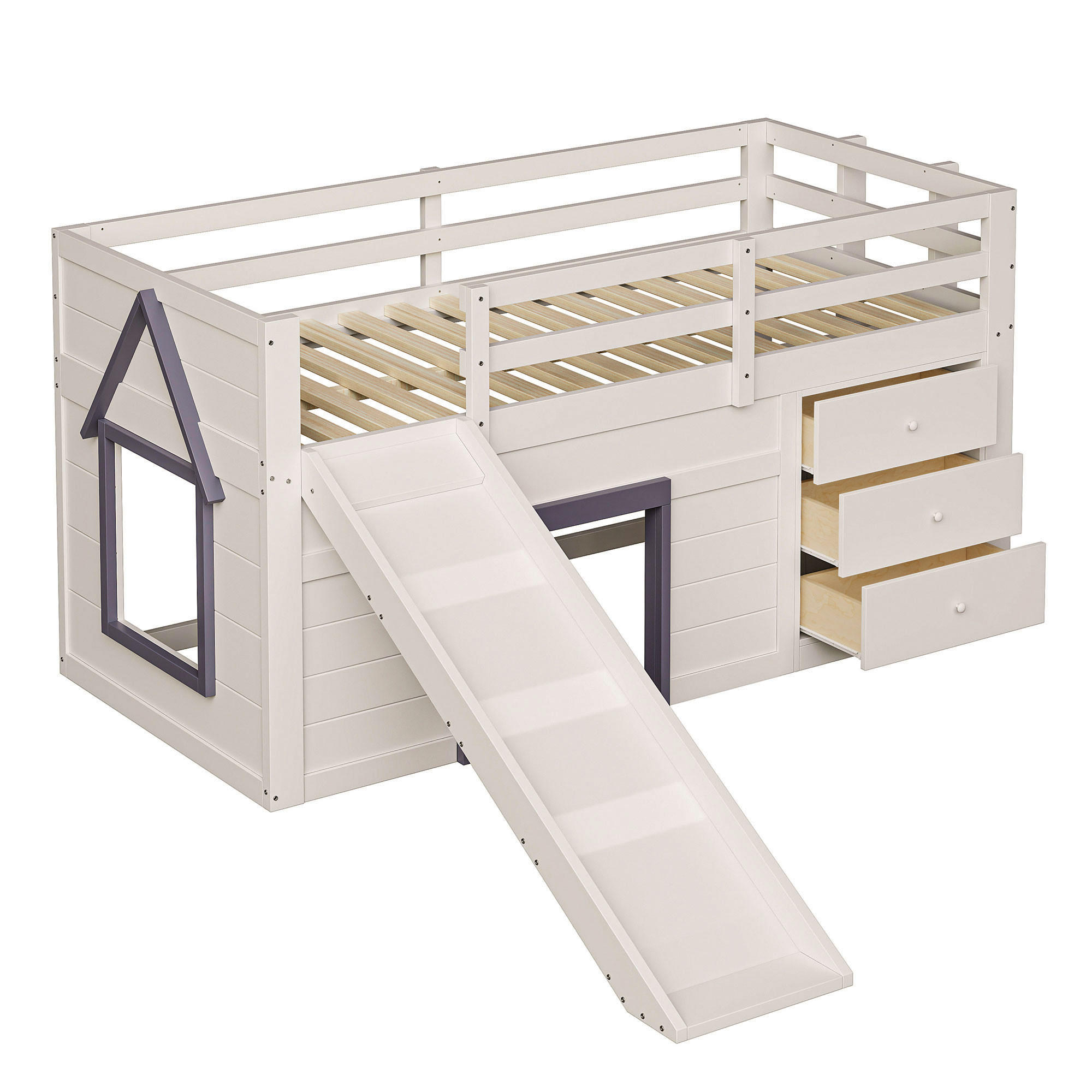 SPIELBETT 90/200 cm DE-03377, mit Rutsche, drei Schubladen und zwei Türen, in Creme - Creme, Holz/Holzwerkstoff (90/200cm) - ComfortXL
