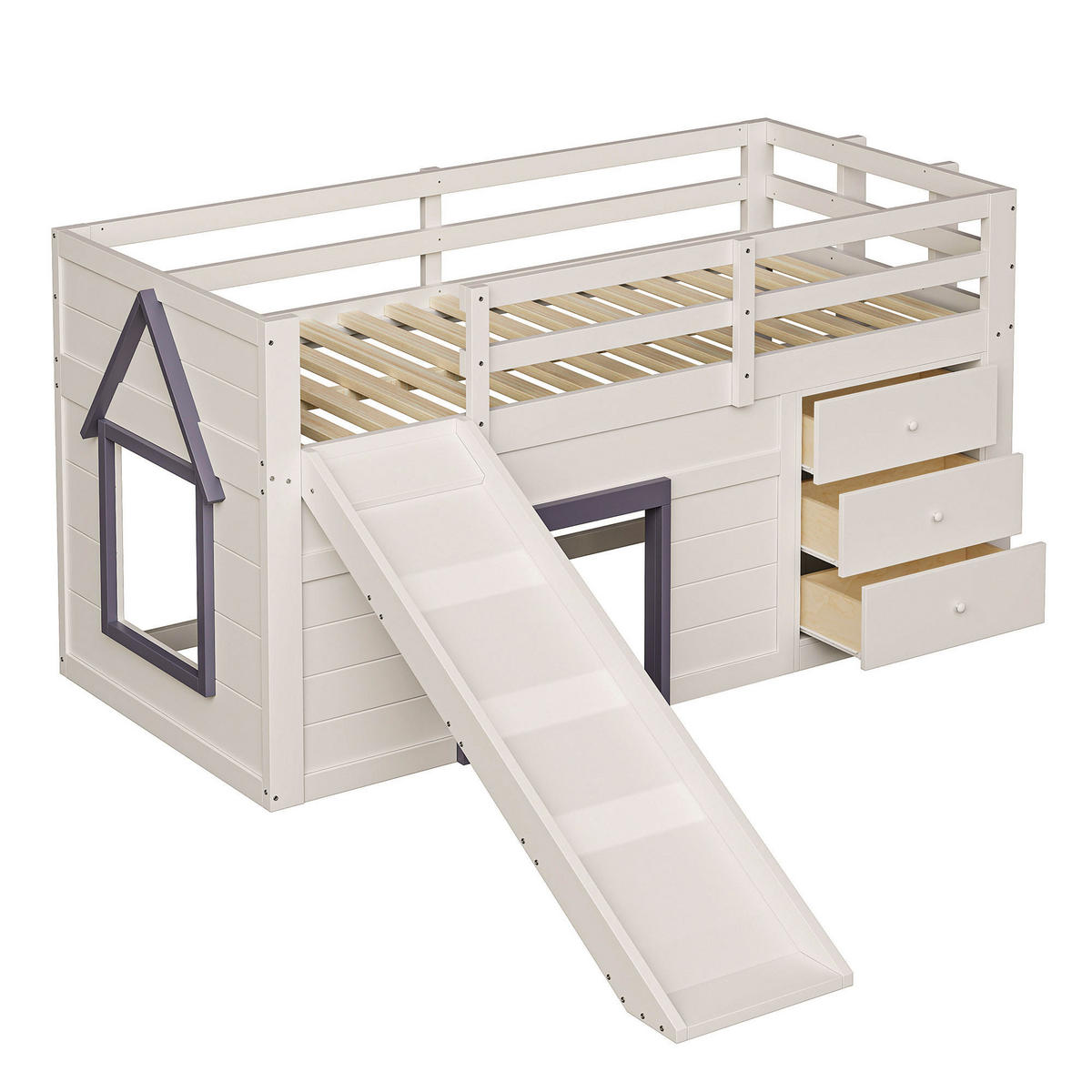 HOCHBETT 90/200 cm creme aus MDF mit Rutsche und Schubladen - Weiß, Holzwerkstoff (90/200cm) - OKWISH