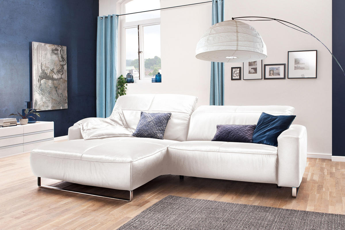 ECKSOFA MIT SITZTIEFENVERSTELLUNG YORK Ecru Leder - Ecru/Silberfarben, Leder (284/180cm) - KAWOLA