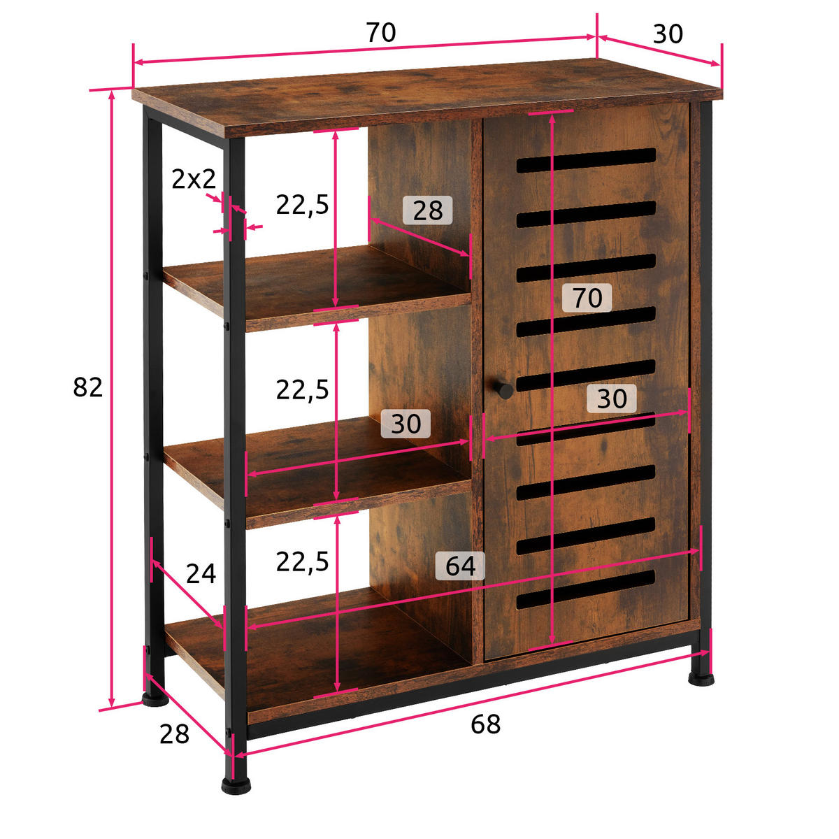 SIDEBOARD ,mit höhenverstellbaren Kunststofffüßen, 70 x 32 x 82 cm,Industrial Holz dunkel, rustikal - Rostfarben, Holzwerkstoff (32/82/71cm) - tectake