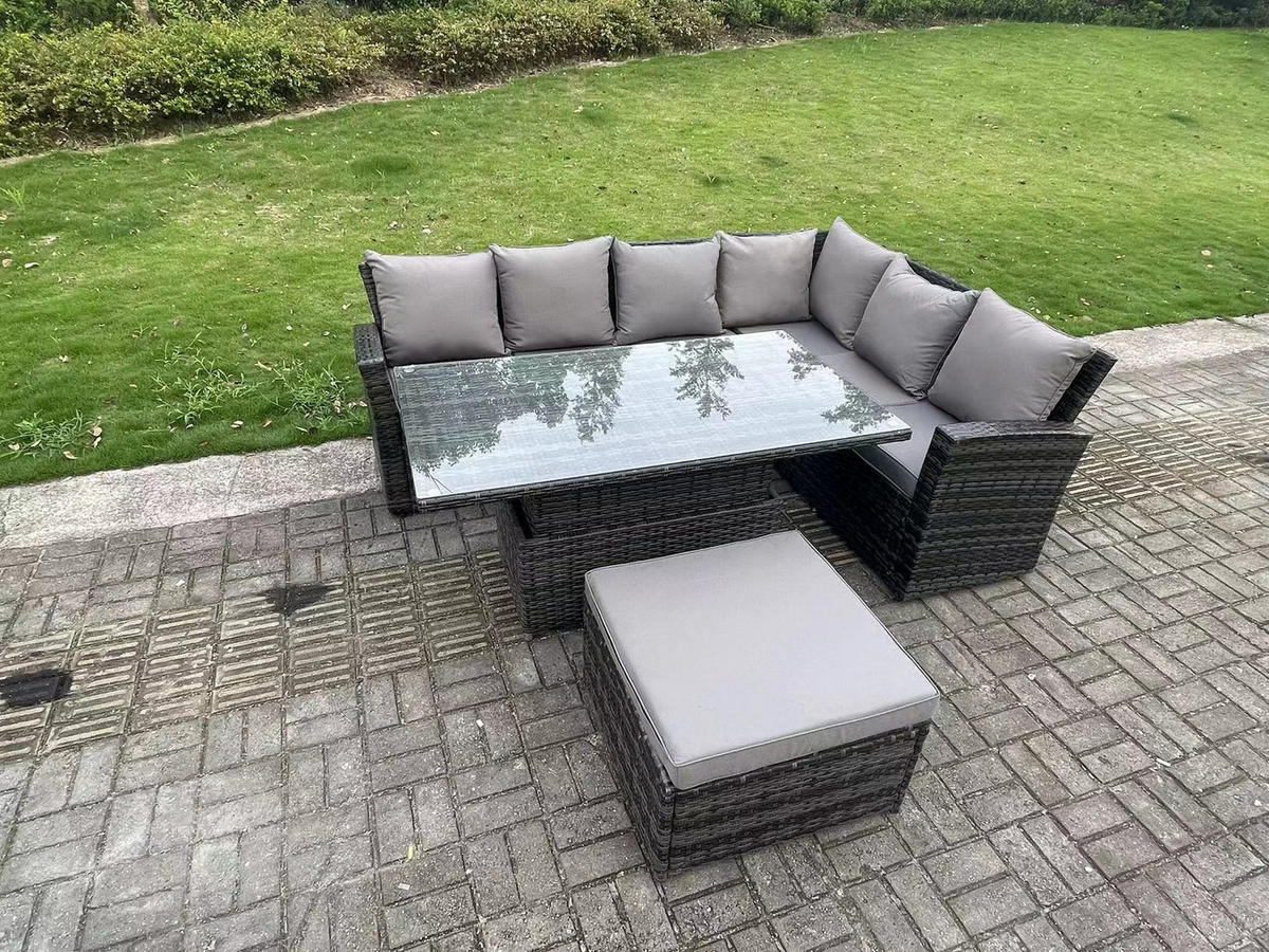 GARTENSET Polyrattan 7-Sitzer - Dunkelgrau/Grau, Glas/Kunststoff - Fimous