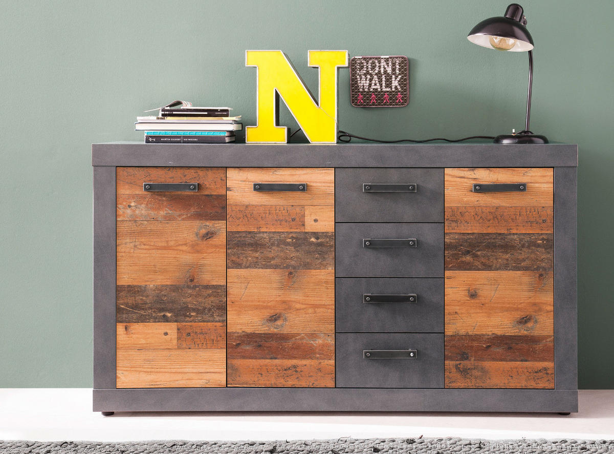 KOMMODE Used Wood Altholz Design mit Grau 151 cm, SIDEBOARD mit viel Stauraum - Silberfarben/Schwarz, Holzwerkstoff/Kunststoff (151/86/37cm) - Top.Furn