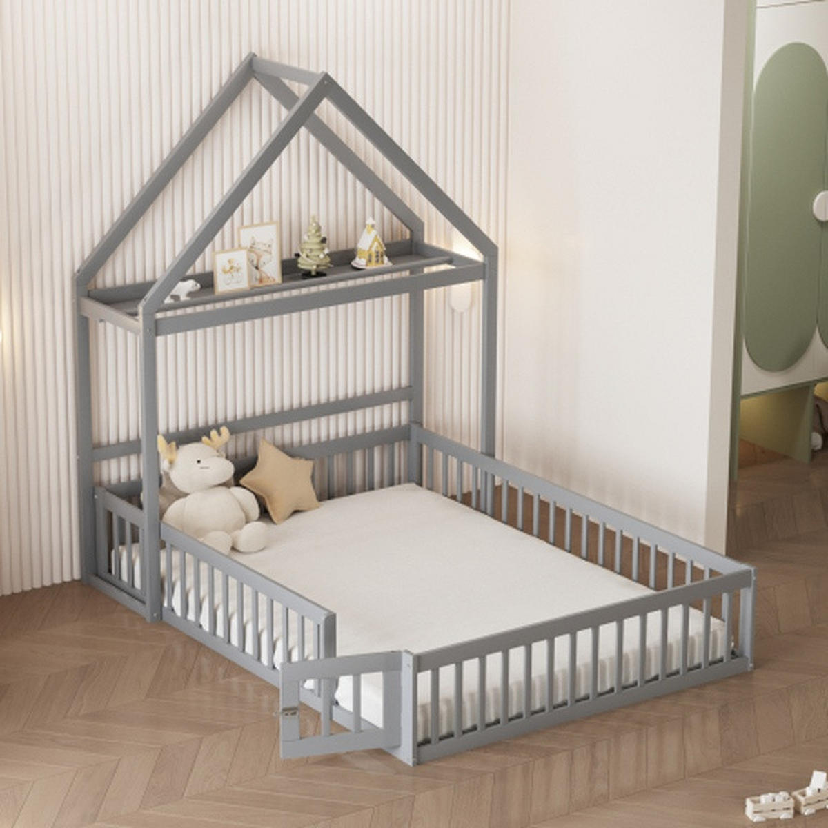 KINDERBETT 140 x 200 cm, Massivholz-Kinderbettgestell mit Stauraum, durchgehendem Sicherheitsgitter und Türen sowie Lattenrost, grau - Grau, Holz (142/203cm)
