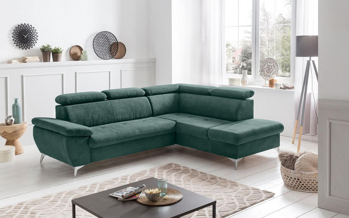 ECKSOFA mit Schlaffunktion und praktischem Bettkasten - Chromfarben/Grün, Textil/Metall (209/256cm) - Cotta