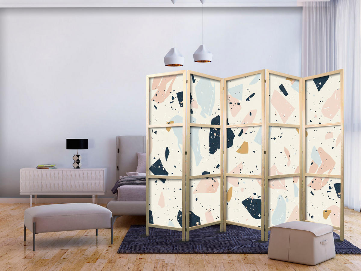 PARAVENT Japanischer 5-tlg 225x172 cm Farbiger Terrazzo - Multicolor, Holz/Textil (225/172/3cm) - Muralo