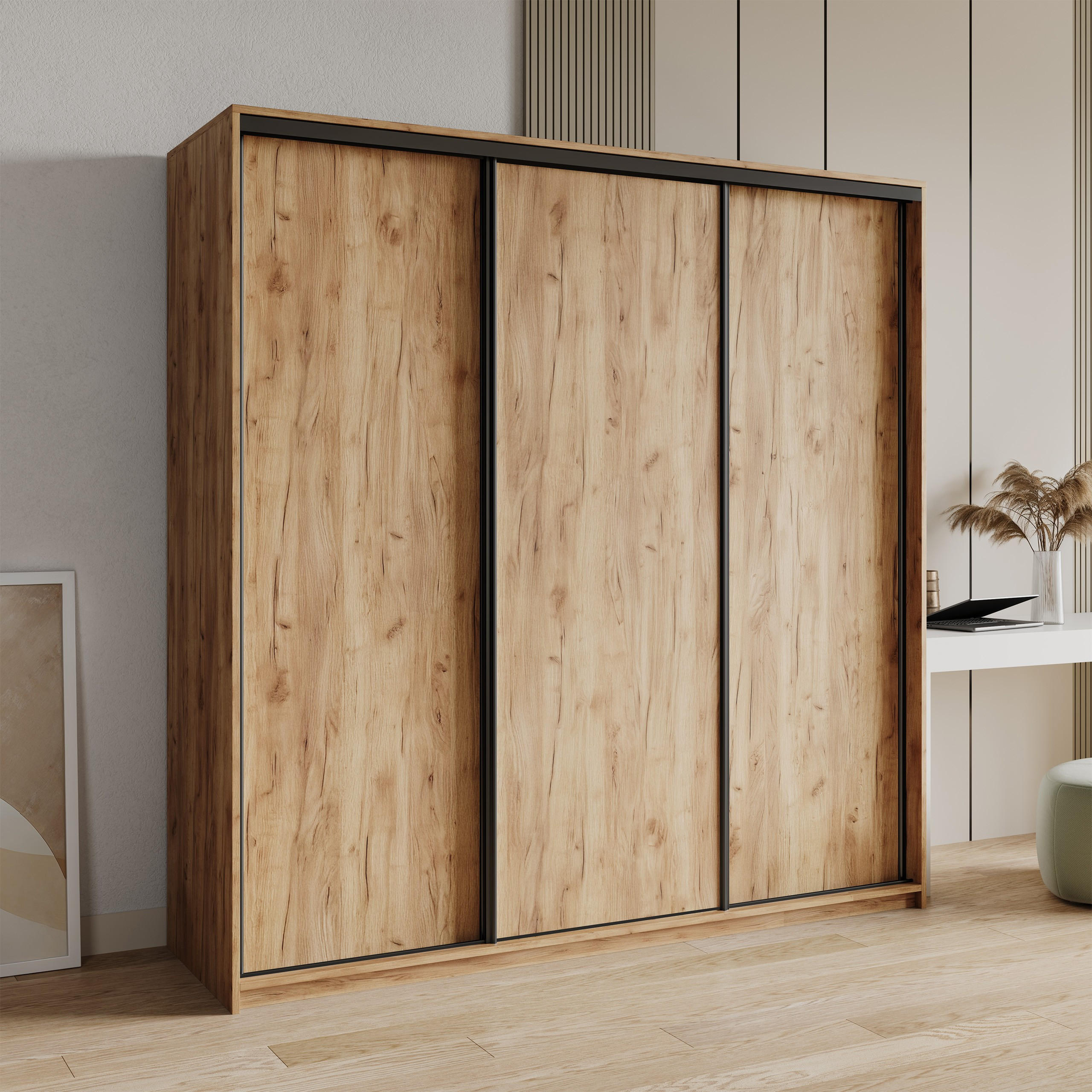 SCHWEBETÜRENSCHRANK NISSE 180/205/60 cm 3-türig mit Schubladen Craft Eiche Gold - Schwarz/Orange, Holzwerkstoff (180/205/60cm) - MASSENO