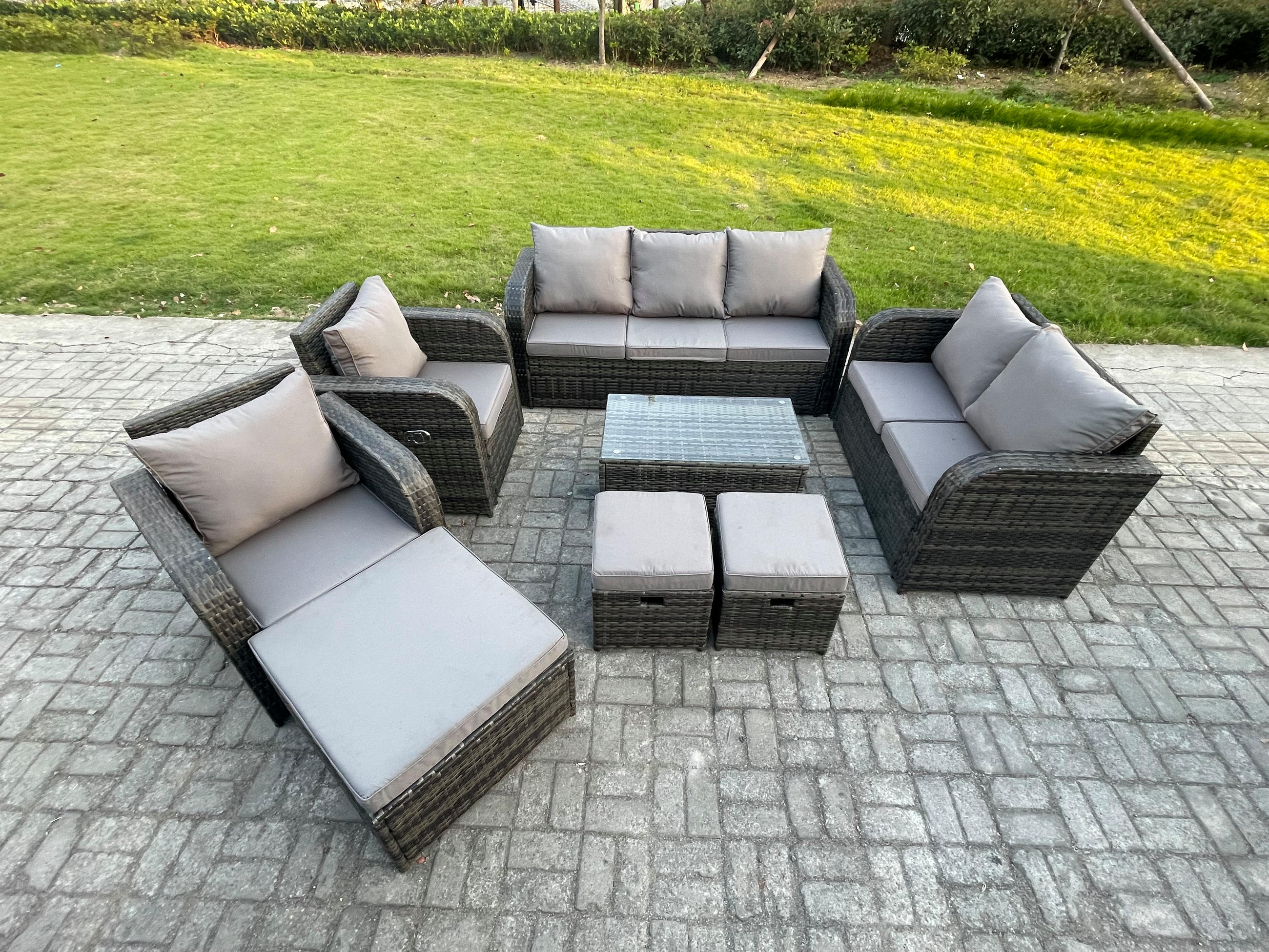 GARTENMÖBELSET mit Couchtisch Polyrattan 10-Sitzer - Dunkelgrau/Grau, Glas/Kunststoff - Fimous