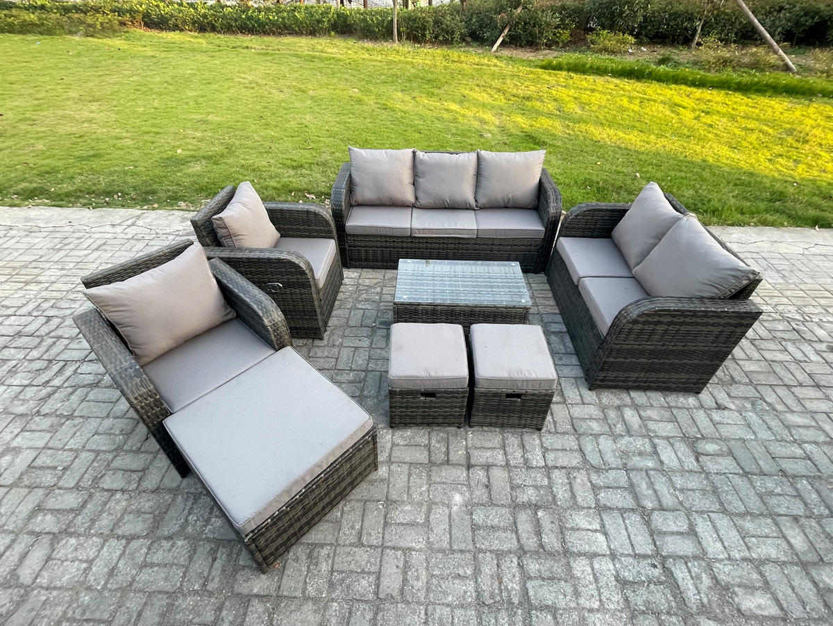 GARTENMÖBELSET mit Couchtisch Polyrattan 10-Sitzer - Dunkelgrau/Grau, Glas/Kunststoff - Fimous