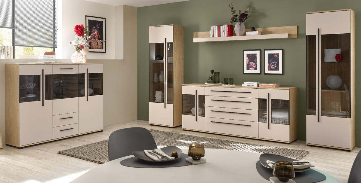 VITRINE Kaschmir, Eiche 60 cm, Vitrinenschrank für Wohn- und Esszimmer - Kaschmir/Eichefarben, Glas/Holzwerkstoff (60/200/37cm) - Furn.Design