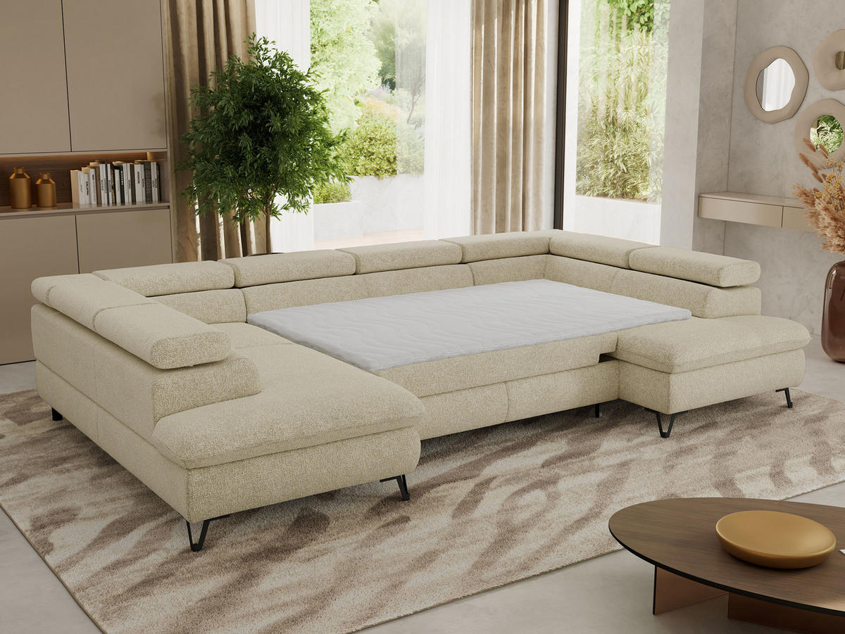 WOHNLANDSCHAFT PABLO U Strukture Creme mit Topper Visco - Creme/Schwarz, Textil/Metall (346/76/208cm) - MKS