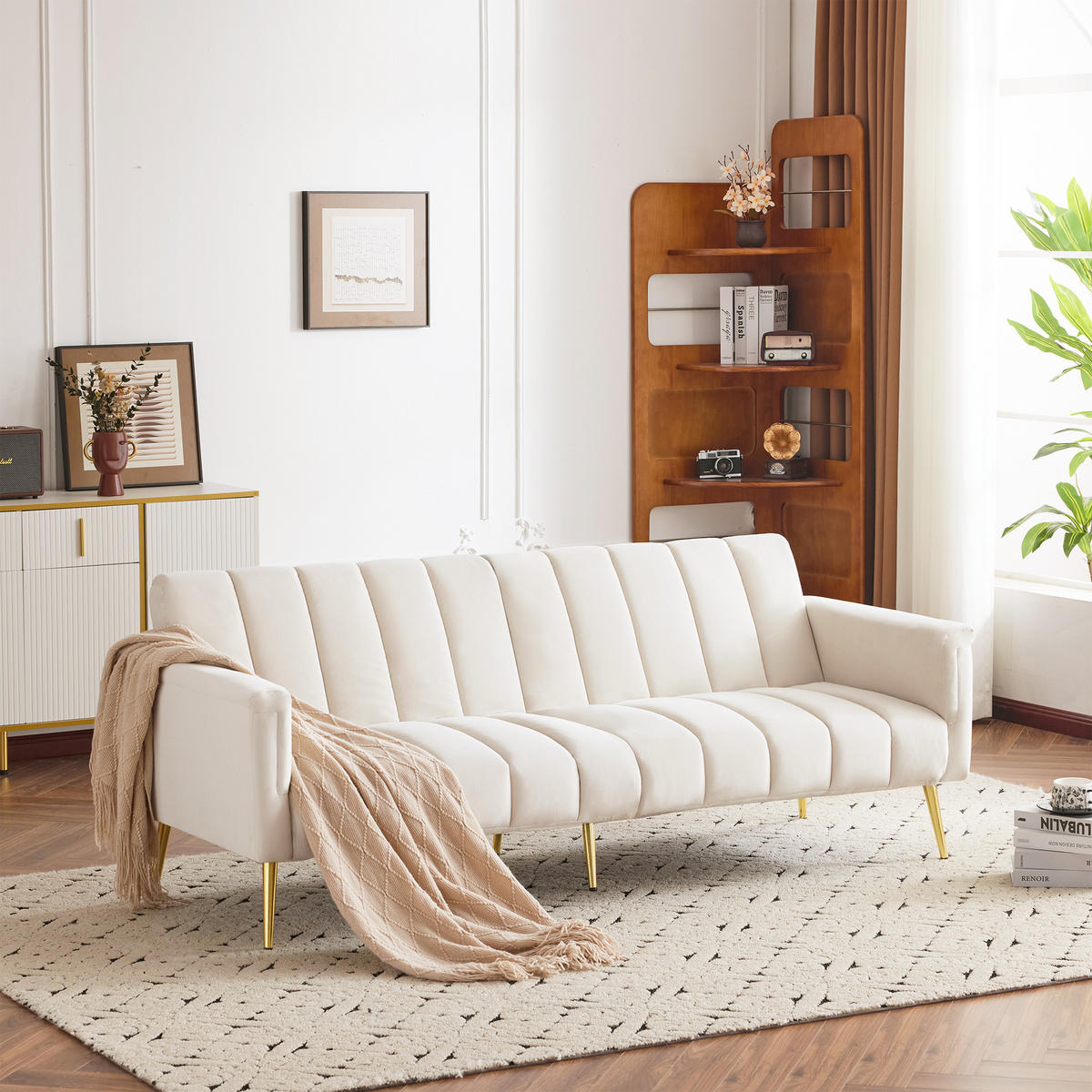 SCHLAFSOFA klappbar mit Hilfsfüßen und Samtstoff - Beige, Textil (183/75/76cm)