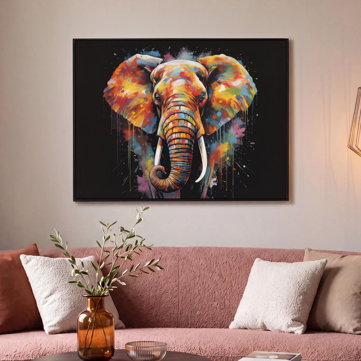 LEINWAND Bilder mit Rahmen - Elefant - Graffiti - Schwarz - Tiere - Farben - 100x70 - Schwarz, Textil (100/70cm) - MuchoWow