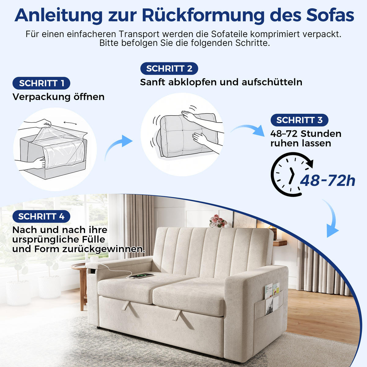 SCHLAFSOFA 140/84.5/84 cm Beige mit Klapptablett, USB & Type-C Ladeanschluss, Seitentaschen und Rollen - Beige, Textil (140/84/84.5cm) - Oxeza