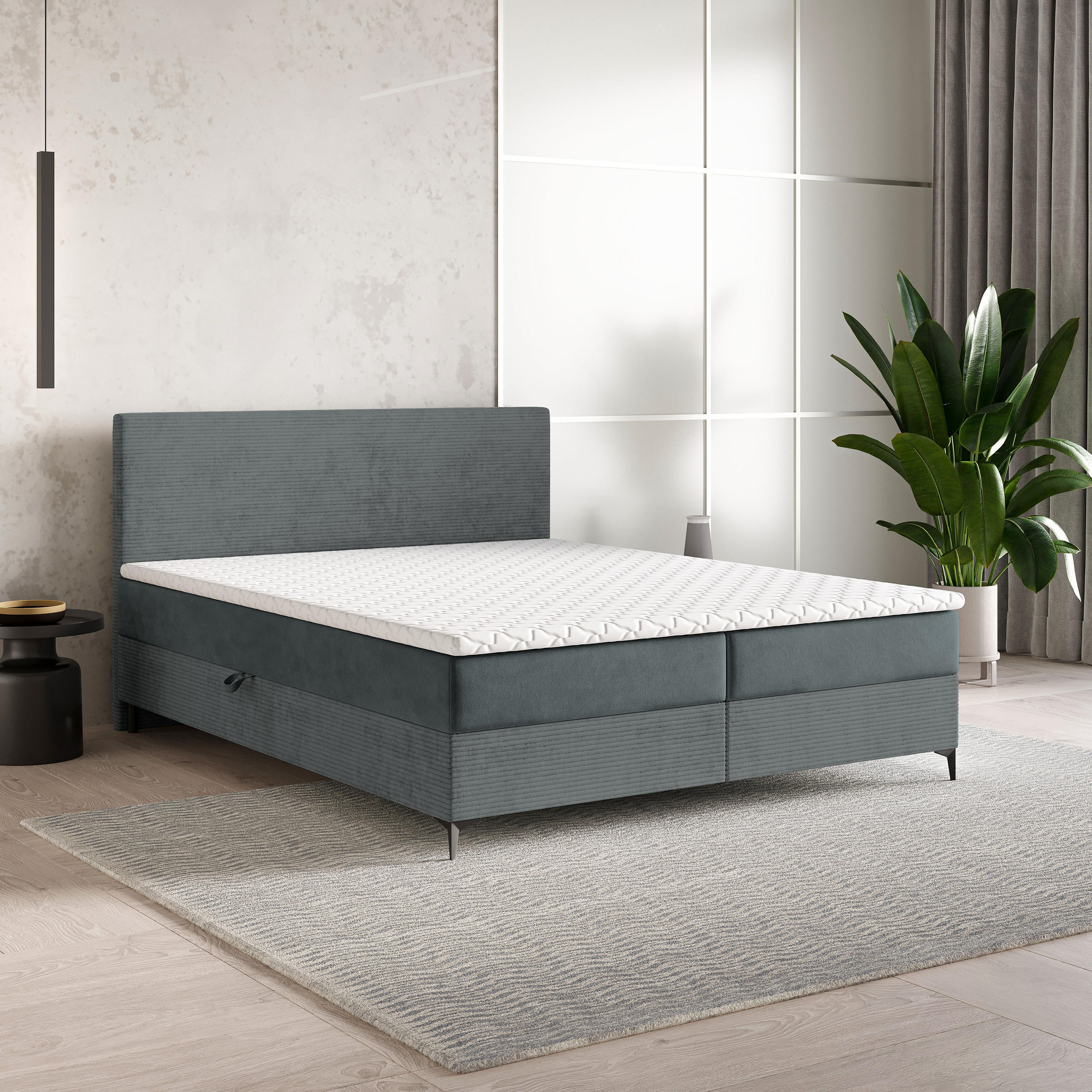 BOXBETT TORREL 160x200 cm mit Matratze und Topper - Grau - Grau, Holz (160/200cm) - MASSENO