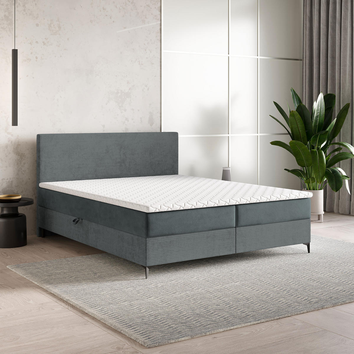 BOXBETT TORREL 160x200 cm mit Matratze und Topper - Grau - Grau, Holz (160/200cm) - MASSENO