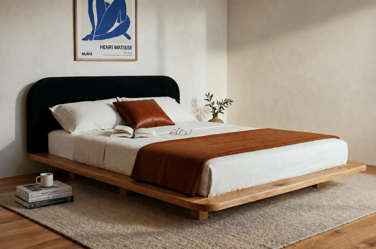 MASSIVHOLZBETT Eyko BORA, 180/200, Wildeiche - lackiert, Samt-Kopfteil Schwarz - Eichefarben/Schwarz, Holz/Textil (180/200cm)