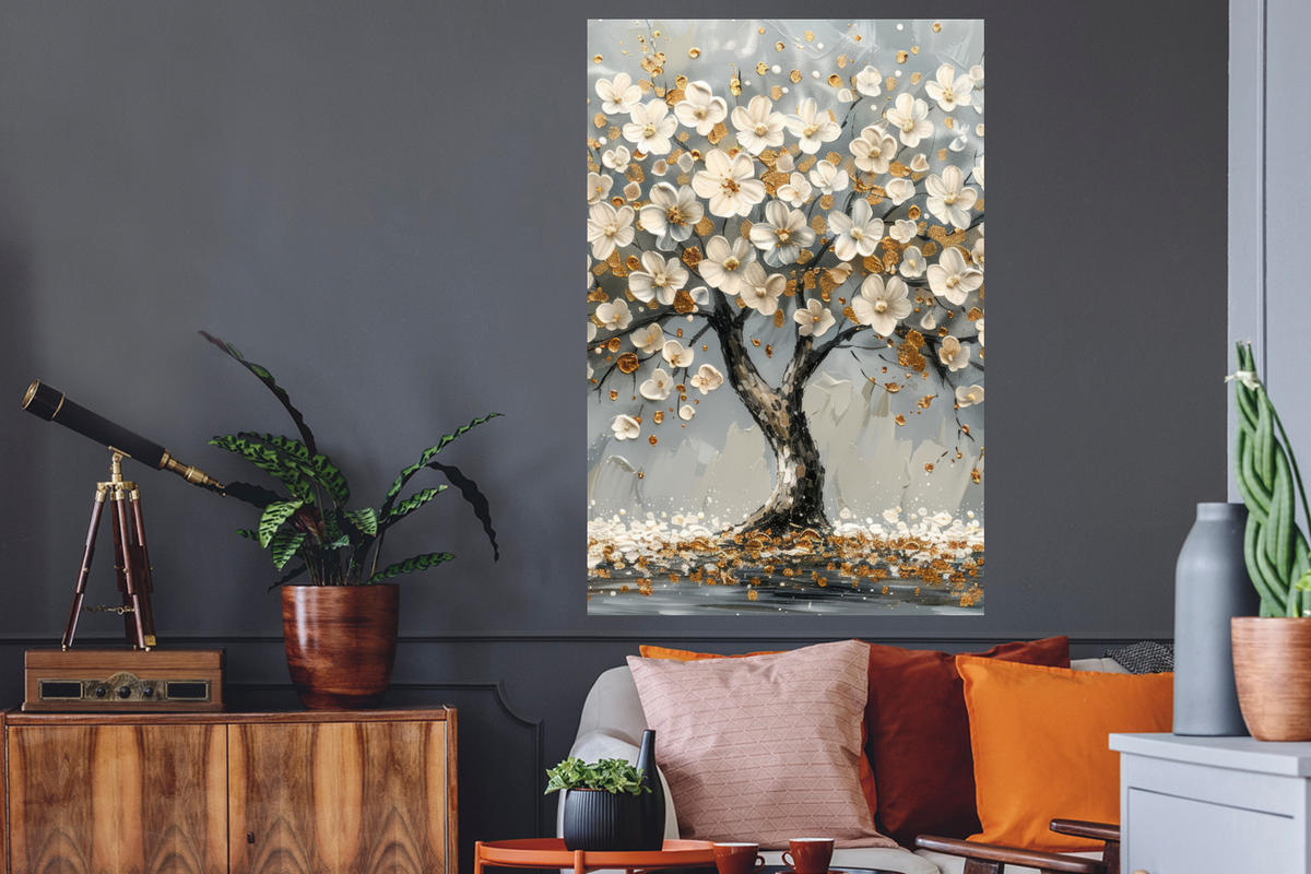 WANDTATTOO Baum - Blumen - Weiß - Natur - Kunst 80x120 cm - Weiß, Kunststoff (80/120/0.1cm) - MuchoWow