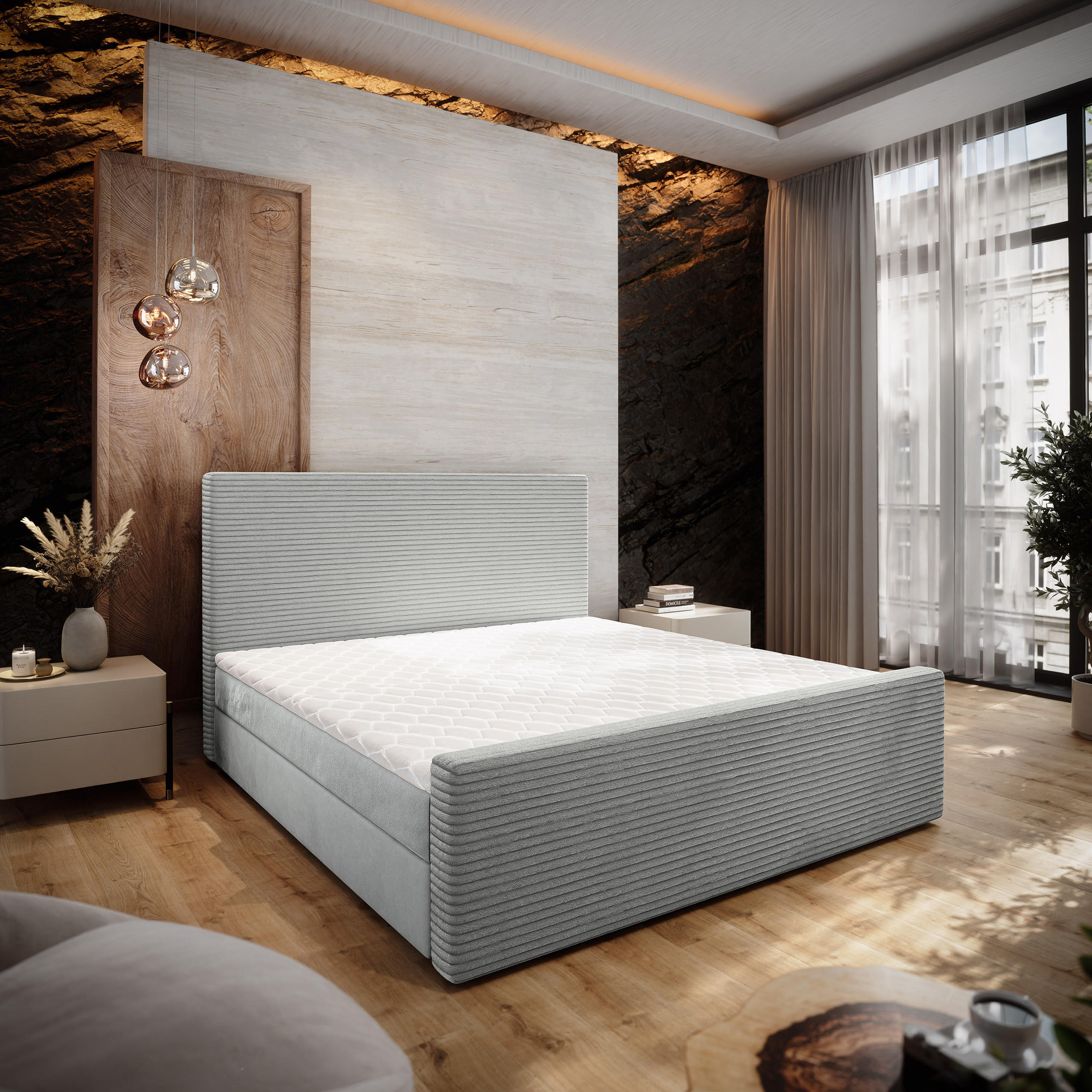 BOXBETT ALORIA 180x200 cm mit Matratze und Topper - Hellgrau - Hellgrau, Holz (180/200cm) - MASSENO