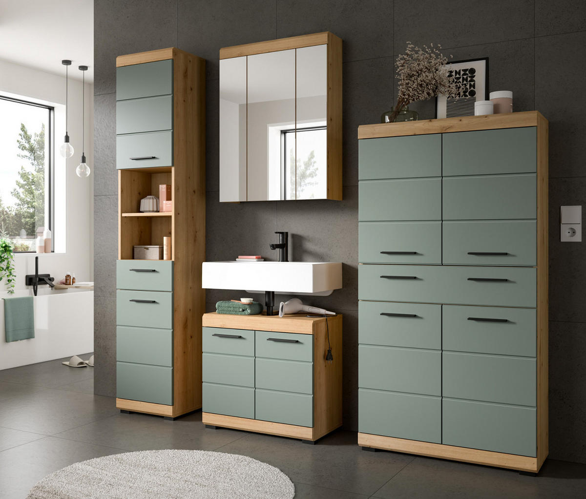 MIDISCHRANK Salbei grün, Eiche Artisan 74 x 141 cm, Badschrank 4-türig - Salbeigrün/Schwarz, Holzwerkstoff/Kunststoff (74/141/31cm) - Inn.Furn