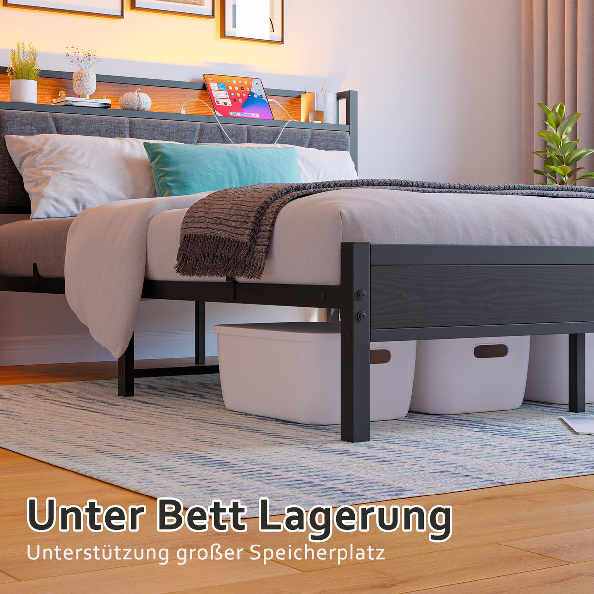 METALLBETT 140/200 cm Schwarz mit LED und USB - Schwarz, Metall (140/200cm) - Oxeza