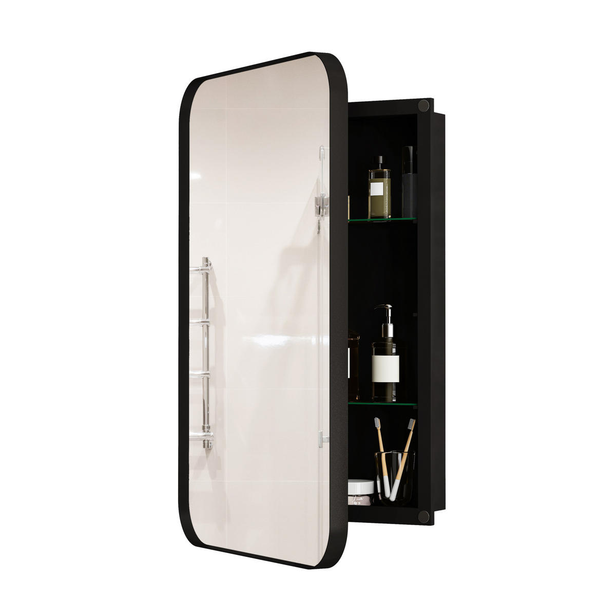 SPIEGELSCHRANK 76x51x12cm schwarz mit Aufbewahrung - Wandspiegel für Badezimmer - Schwarz, Glas (76/12/51cm) - Modfu