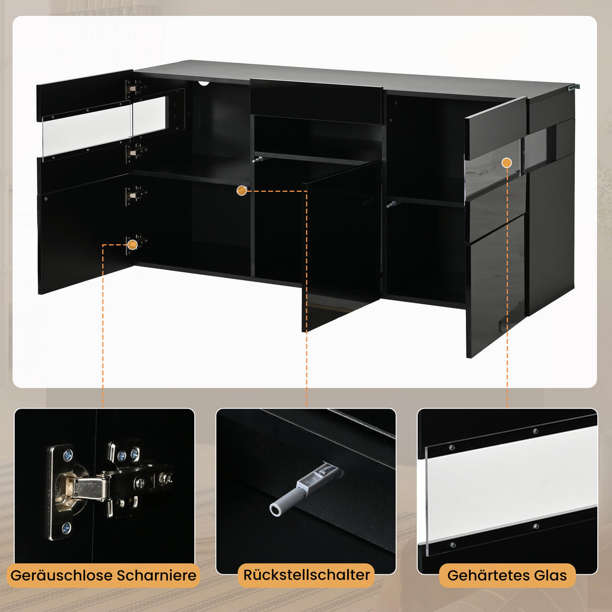 SIDEBOARD DE-37801 mit LED-Beleuchtung und 3 Türen Schwarz - Schwarz, Holzwerkstoff (140/66.5/40.5cm) - ComfortXL