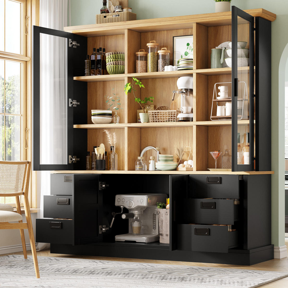 KÜCHENSCHRANK 140x185Cm 6 Schubladen Glastüren - Schwarz, Holzwerkstoff (140/185/40cm) - FLIEKS
