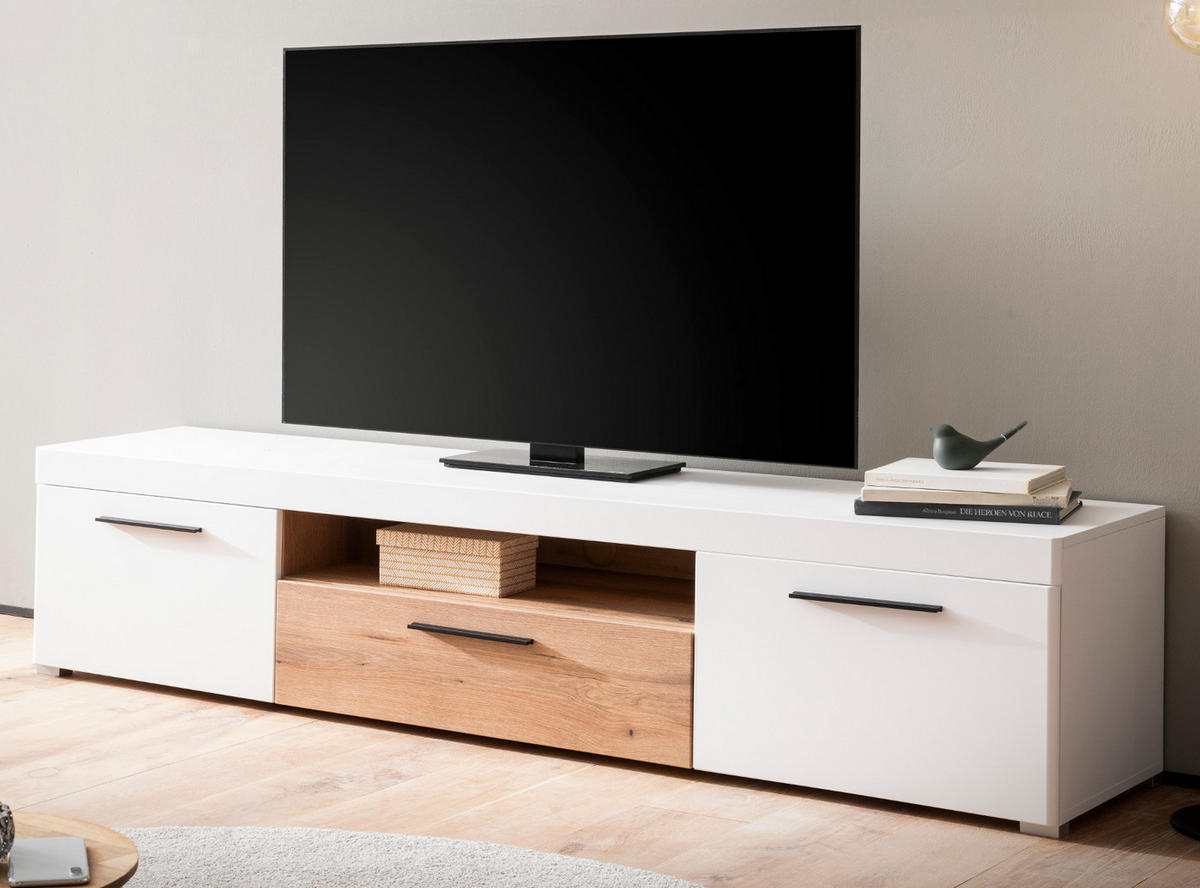 TV-LOWBOARD weiß matt, Evoke Eiche, TV Unterteil 205 cm, Soft-Close-Funktion - Eichefarben/Silberfarben, Holzwerkstoff/Kunststoff (205/44/45cm)