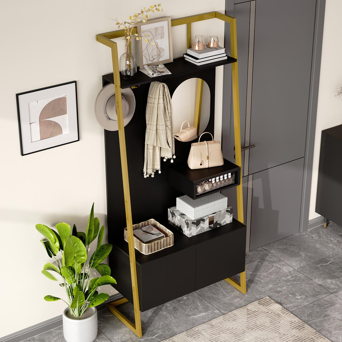 GARDEROBE Kompakt Spiegel Schuhbank Metallhaken - Schwarz, Holzwerkstoff (38.5/180.5/78cm) - FLIEKS