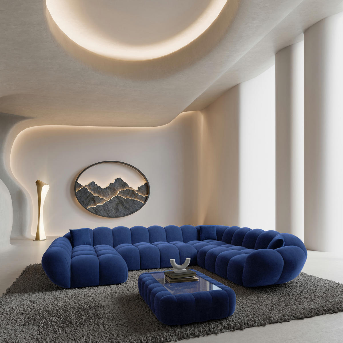 WOHNLANDSCHAFT Liva Königsblau Samtstoff U-Form XXL Links - Blau, Textil (323/70/258cm) - VAROYAL