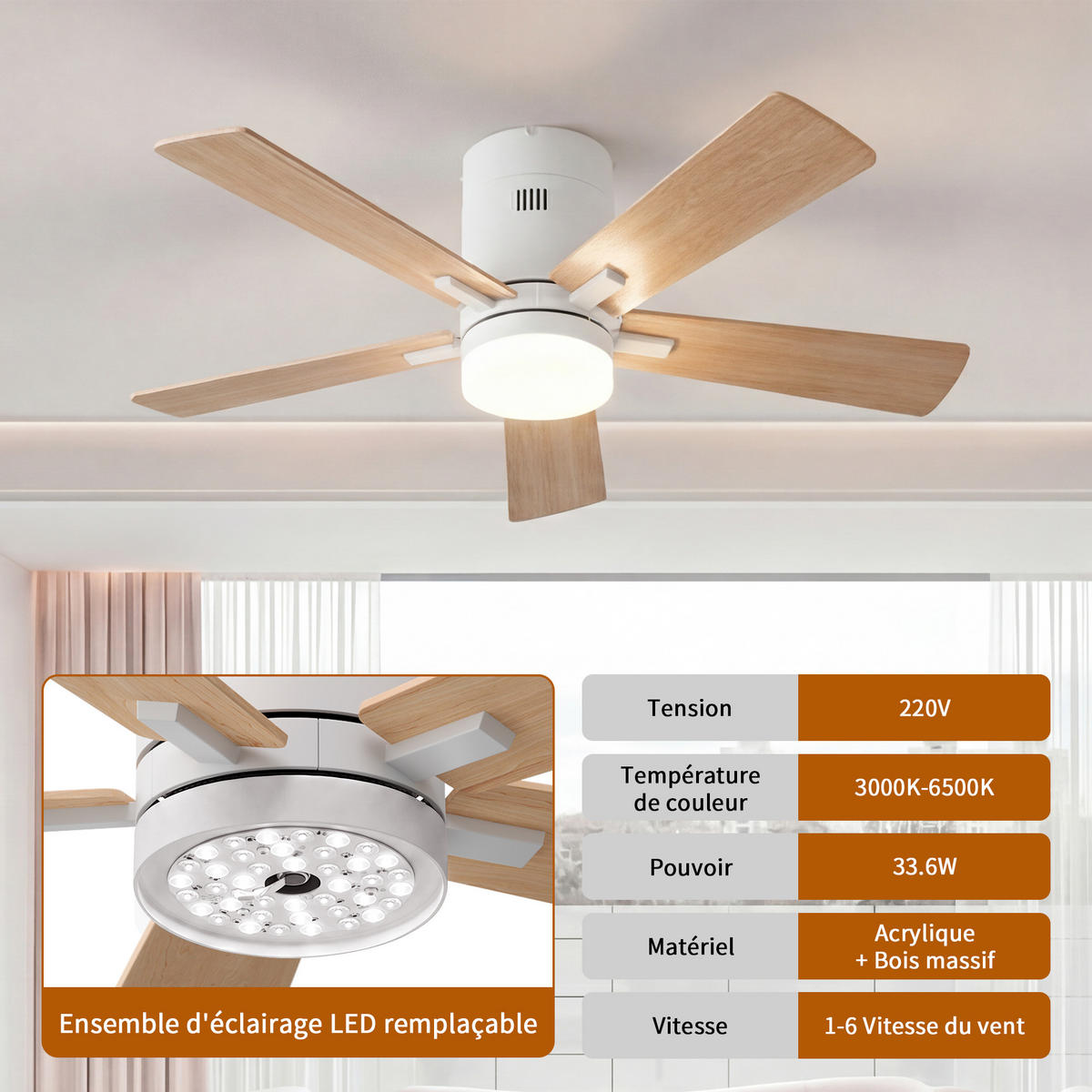 DECKENVENTILATOR 106,6cm 2in1 Holzoptik 5 Flügel LED Licht Timer - Weiß, Kunststoff (107/107/28cm) - CASIVA
