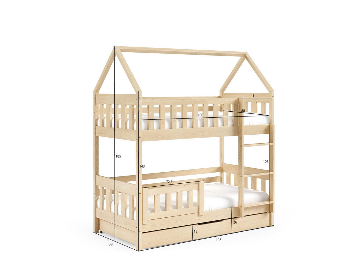 ETAGENBETT ELENA mit Bettkasten 80x190 cm Weiß - Weiß, Holz (80/190cm) - MASSENO
