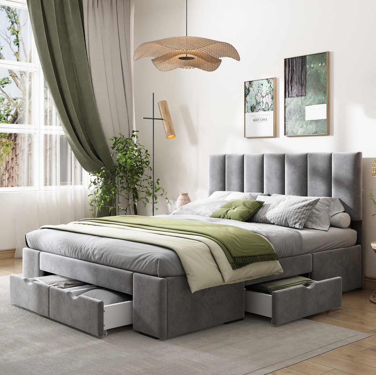 POLSTERBETT 140/200 cm mit höhenverstellbarem Kopfteil, 4 Schubladen & Lattenrost, Grau - Grau, Textil (140/200cm) - Redom