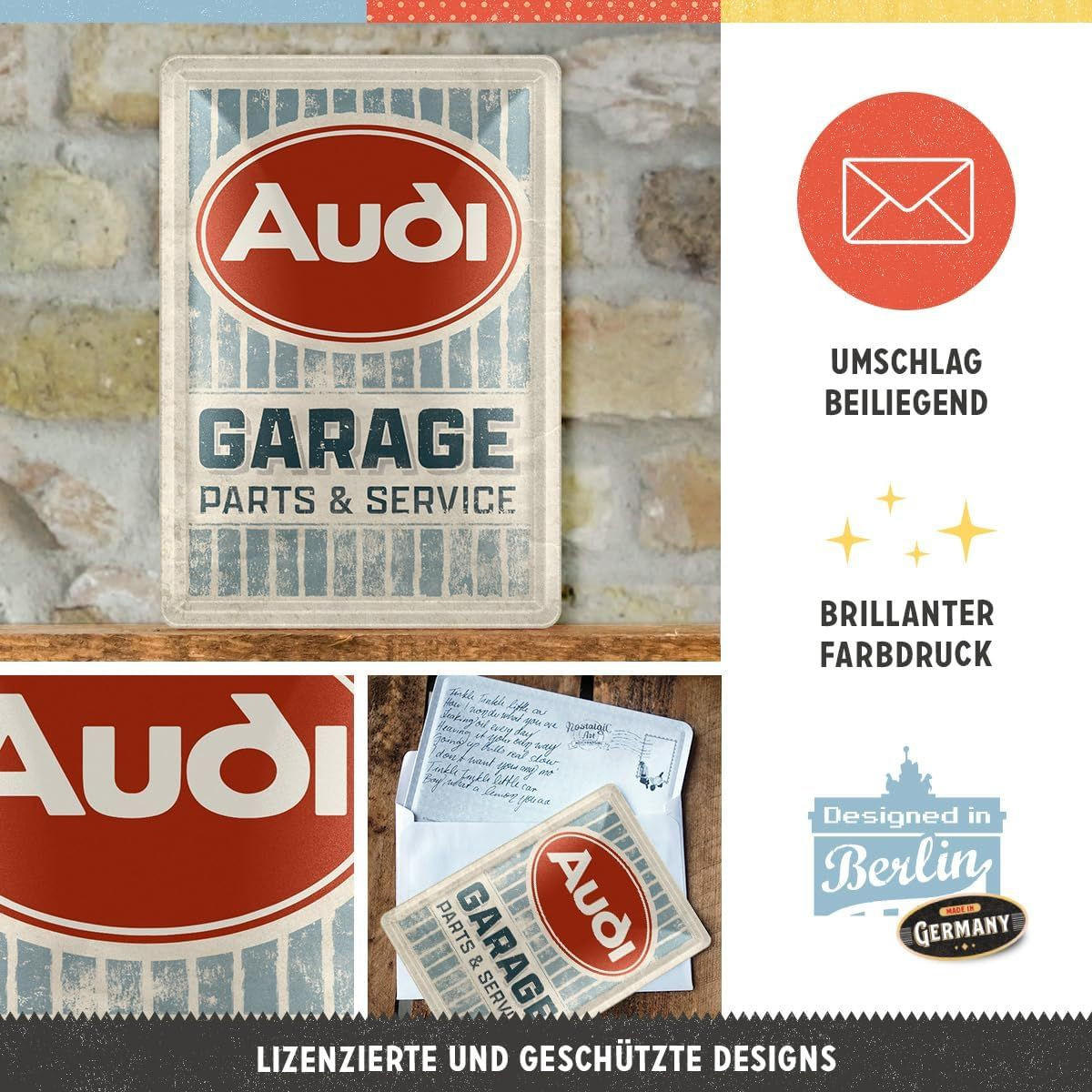 MINIBLECHSCHILD 10/14 cm Audi Garage - Multicolor, Metall (10/14/0.1cm) - Nostalgic-Art