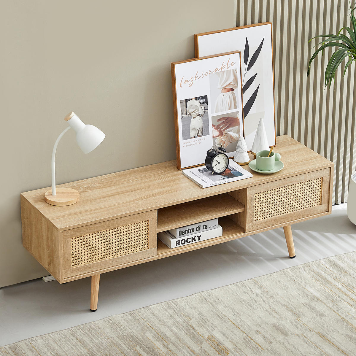 TV-ELEMENT140X40X45CM Rattan-Schiebetüren Massivholzbeine Naturfarbenholzoptik - Naturfarben, Holz (49/12/150cm) - Raelunyi