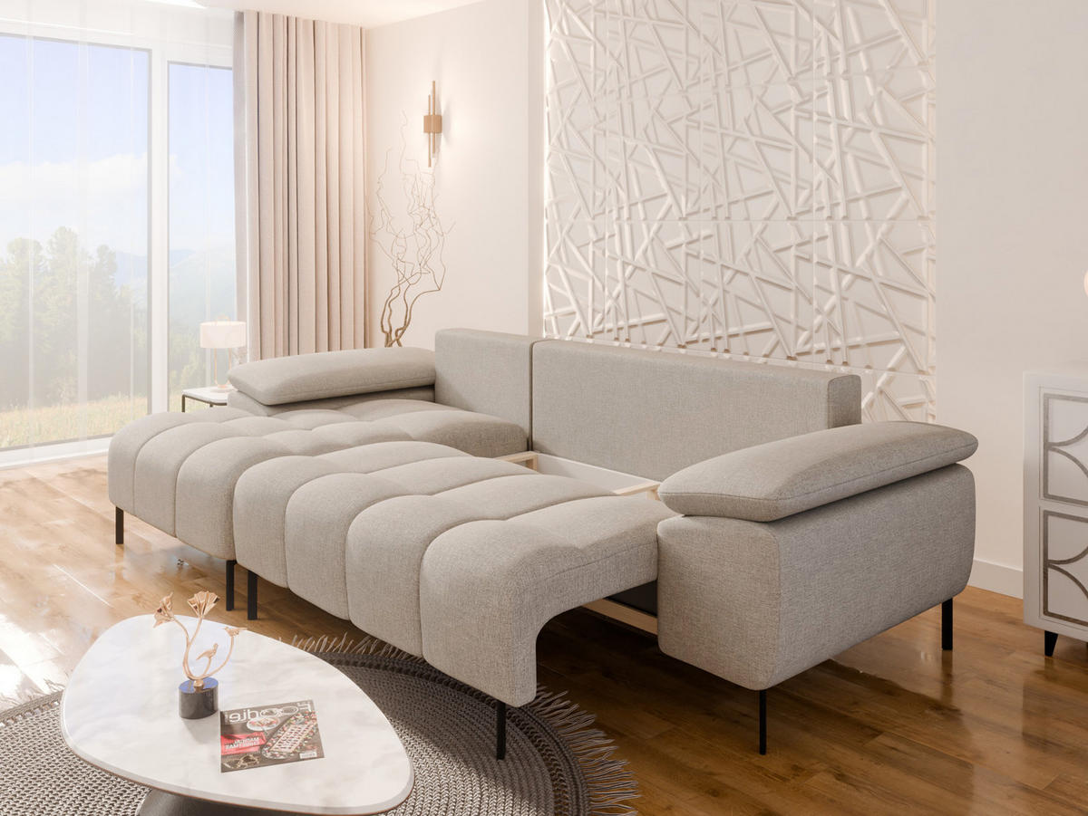 ECKSCHLAFSOFA 4-Sitzer DOLUS – Modernes Ecksofa mit Schlaffunktion Links montierbar , Ecru - Ecru, Holz (141/277cm) - Panda Möbel