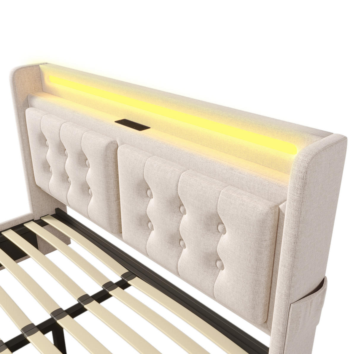 POLSTERBETT aus Baumwoll-Leinenstoff 140x200 cm Beige mit LED, USB-C und 4 Schubladen - Beige, Textil (140/200cm) - IVMEU
