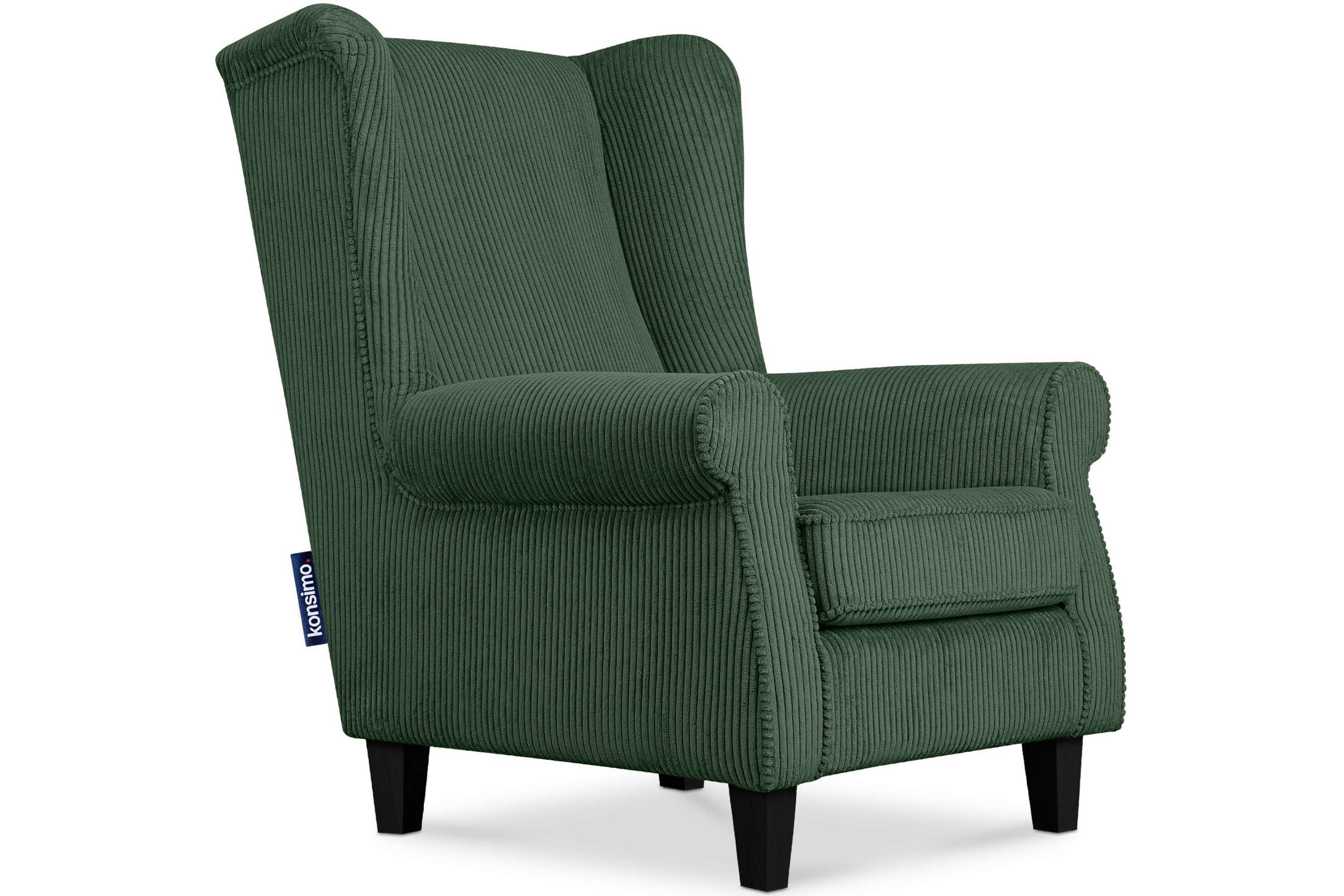 OHRENSESSEL MILES Kord-Bezug Petfriendly, dunkelgrün - Dunkelgrün, Holzwerkstoff/Buchenholz (82/105/97cm) - KONSIMO®