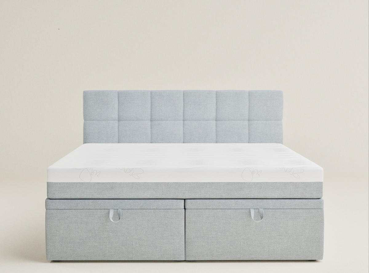 BOXBETT 160/200 cm Gotu S, in Hellblau, Matratze, gepolstertes Kopfteil, Bettkasten, H3 = fest - Schwarz/Hellblau, Holz/Holzwerkstoff (160/200cm) - Maison de Reve