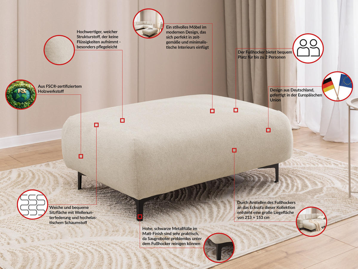 ECKSOFA inkl. Hocker Cardea mit Schlaffunktion in Bubble-Optik aus weichem Hellbeige Strukturstoff und hohem Sitzkomfort - Ottomane rechts - Beige/Schwarz, Holz/Textil (230/170cm) - S-Style Möbel