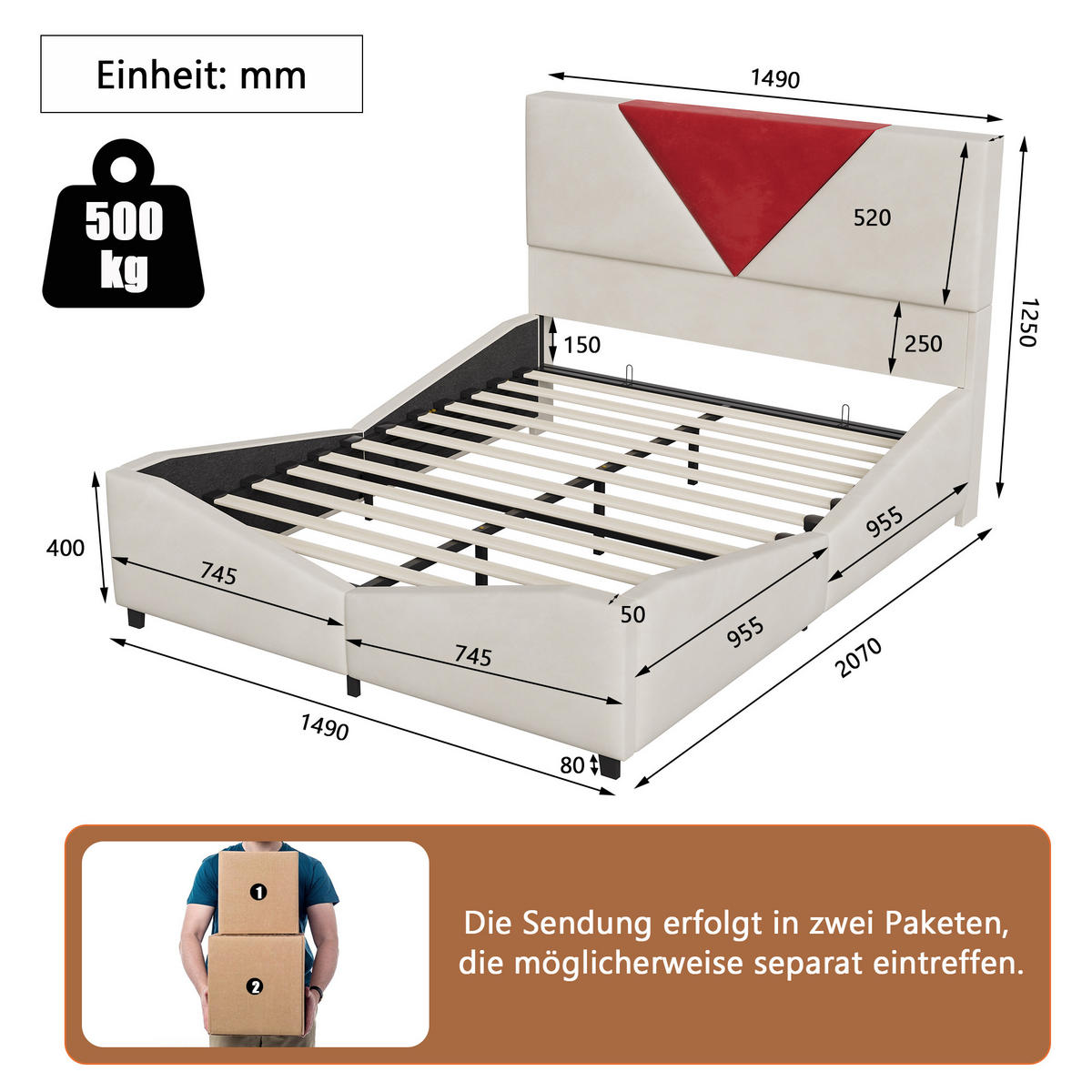 POLSTERBETT 140x190 cm mit Bettkasten, LED & USB, Doppelbett mit Stauraum, Beige - Beige, Metall (140/190cm) - EuroLiving