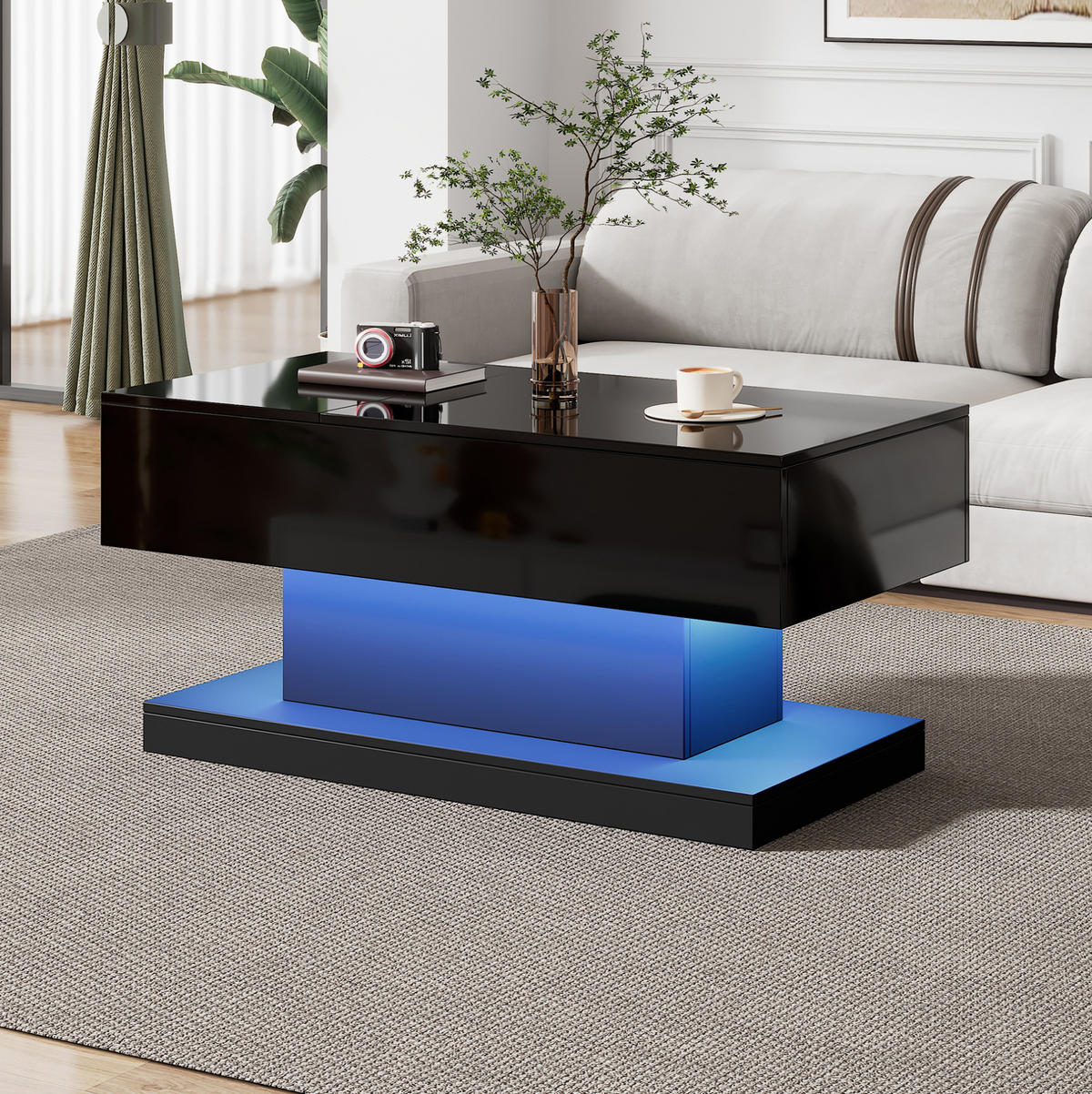 COUCHTISCH 100/50/45 cm in Schwarz mit LED-Beleuchtung und Hochglanz - Schwarz, Holzwerkstoff (100/50/45cm) - Flora Grace