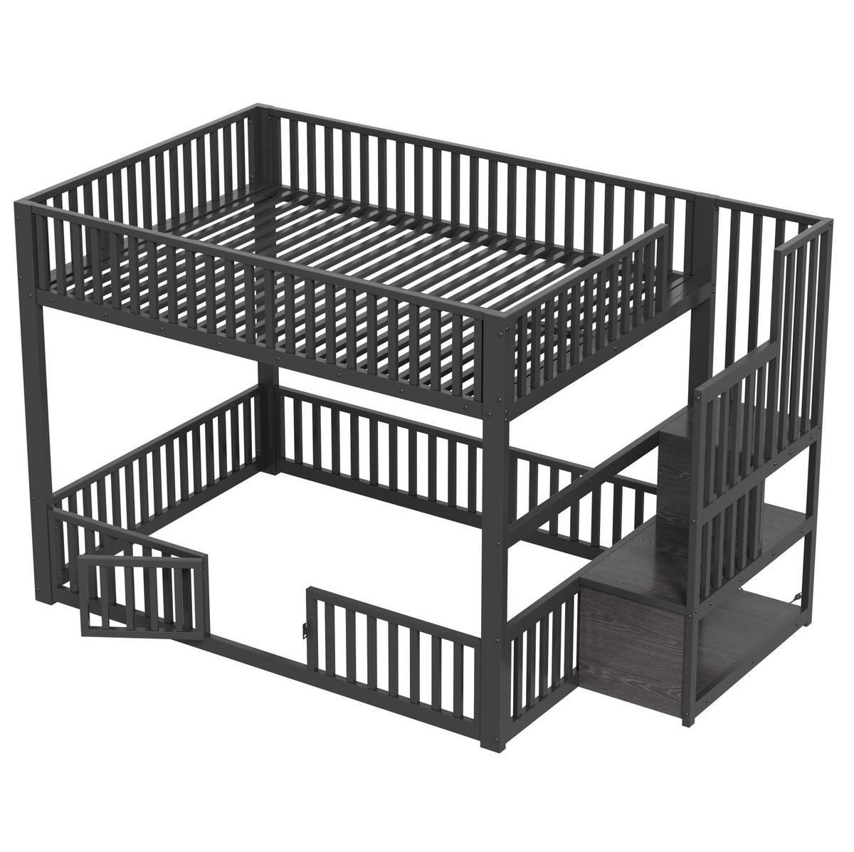 ETAGENBETT 140/200 cm aus Metall und MDF mit LED-Beleuchtung und Stauraumleiter Schwarz - Schwarz, Holzwerkstoff (140/200cm) - Modenvie
