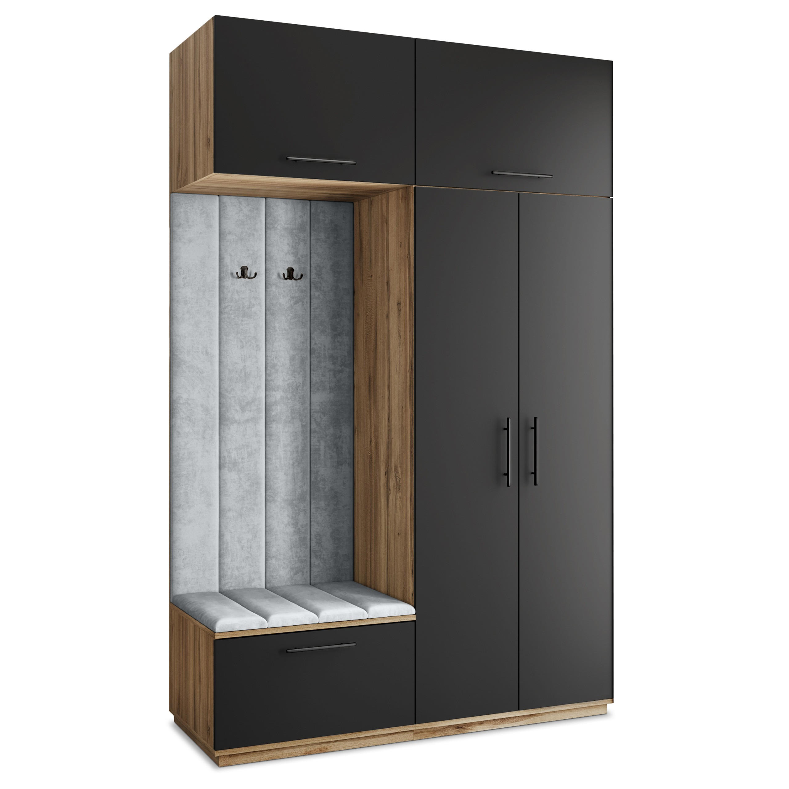 Masseno Garderobenschrank Eiche Wotan, Schwarz, Hellgrau 150x240x60 cm