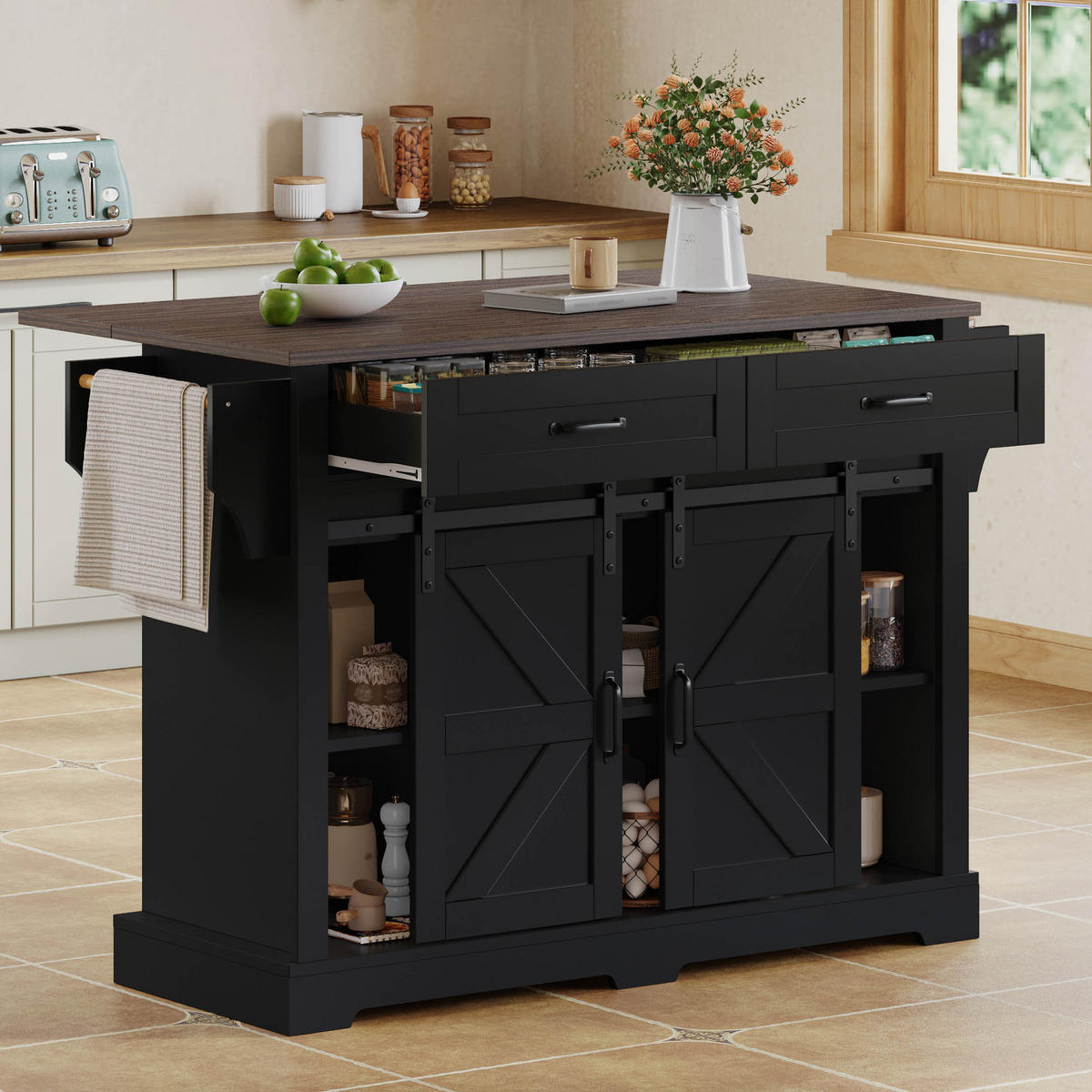 KÜCHENINSEL in Schwarz Servierwagen mit klappbarer Arbeitsplatte und Schubladen für Küche, B120/T45(70)/H91 cm - Schwarz, Holzwerkstoff (120/91/70cm) - STILVORA