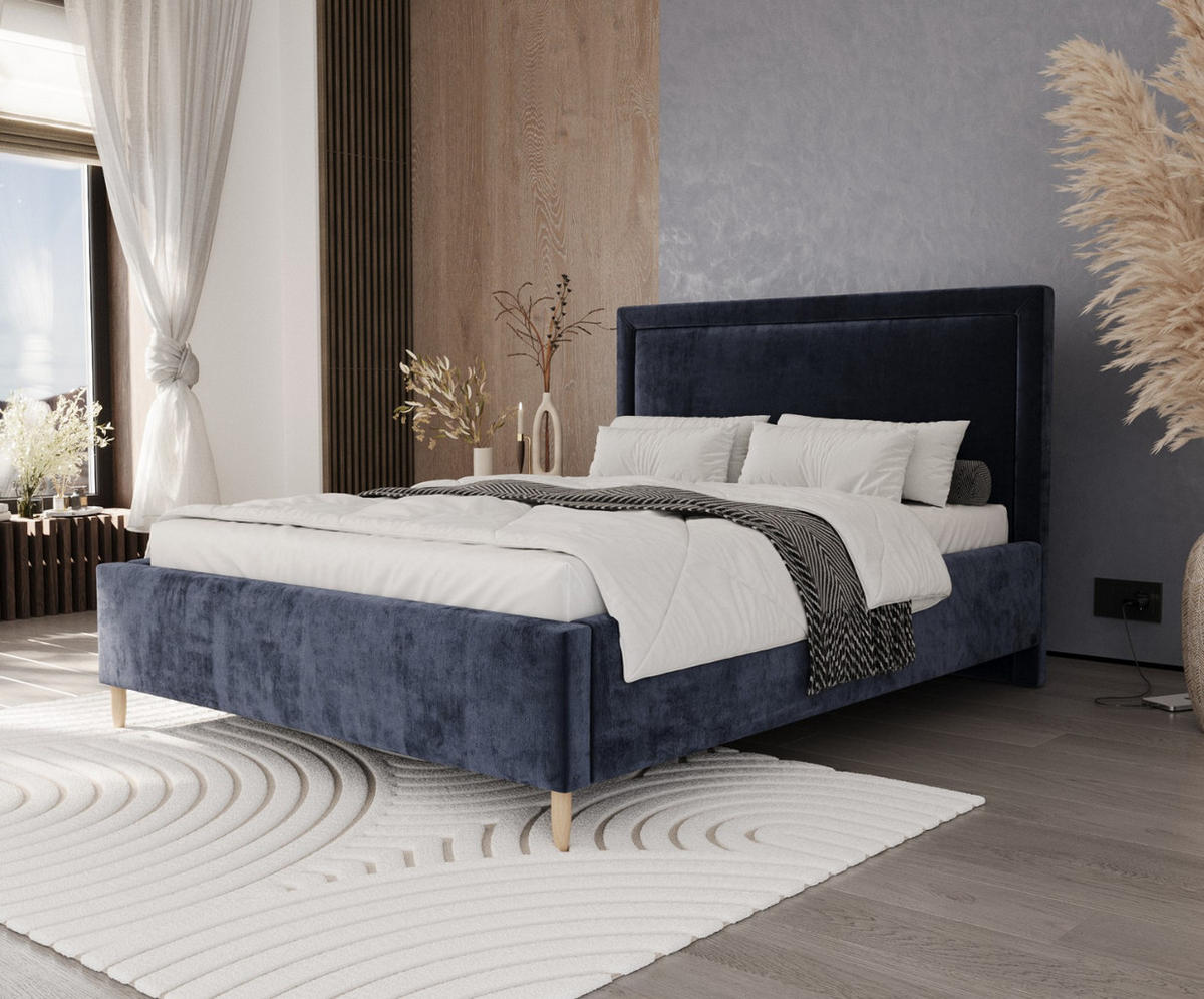 POLSTERBETT Vega 140/200 cm Marineblau im Lotta Stoff - Naturfarben/Dunkelblau, Holz/Holzwerkstoff (140/200cm) - AltaBeds