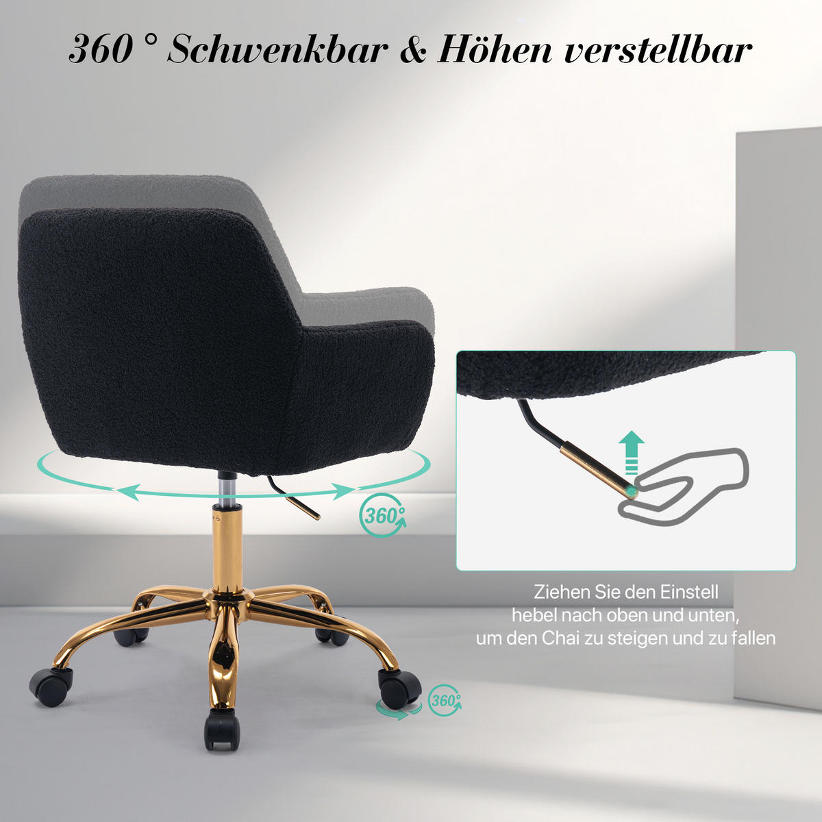 DREHSTUHL DE-41052 mit Kunstfellbezug und Armlehnen Schwarz - Schwarz, Metall (53/55/53cm) - ComfortXL